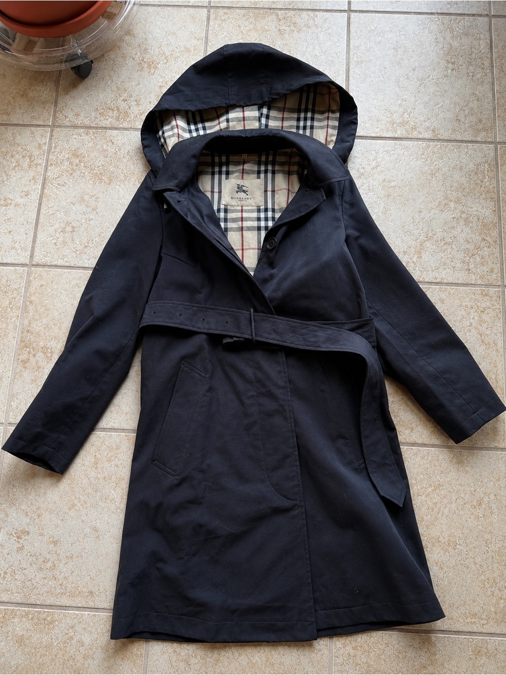 BURBERRY LONDON Black Trench Coat Hood Nova Check Size S